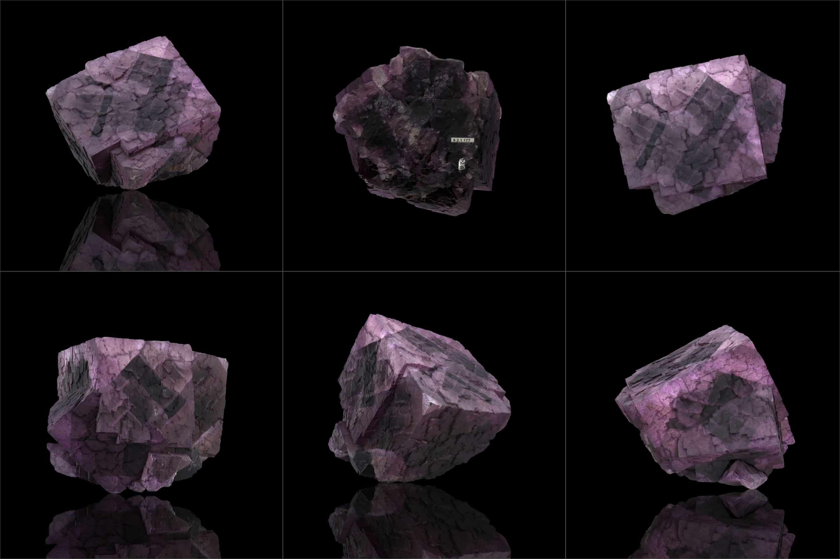 Six vues du spécimen de fluorite de 14 cm provenant de l'Illinois, États-Unis : face, profil gauche, profil droit et dos, montrant les cristaux cubiques aux couleurs variées allant du mauve au vert et au bleu avec des zones de couleurs distinctes visibles sur un même cristal