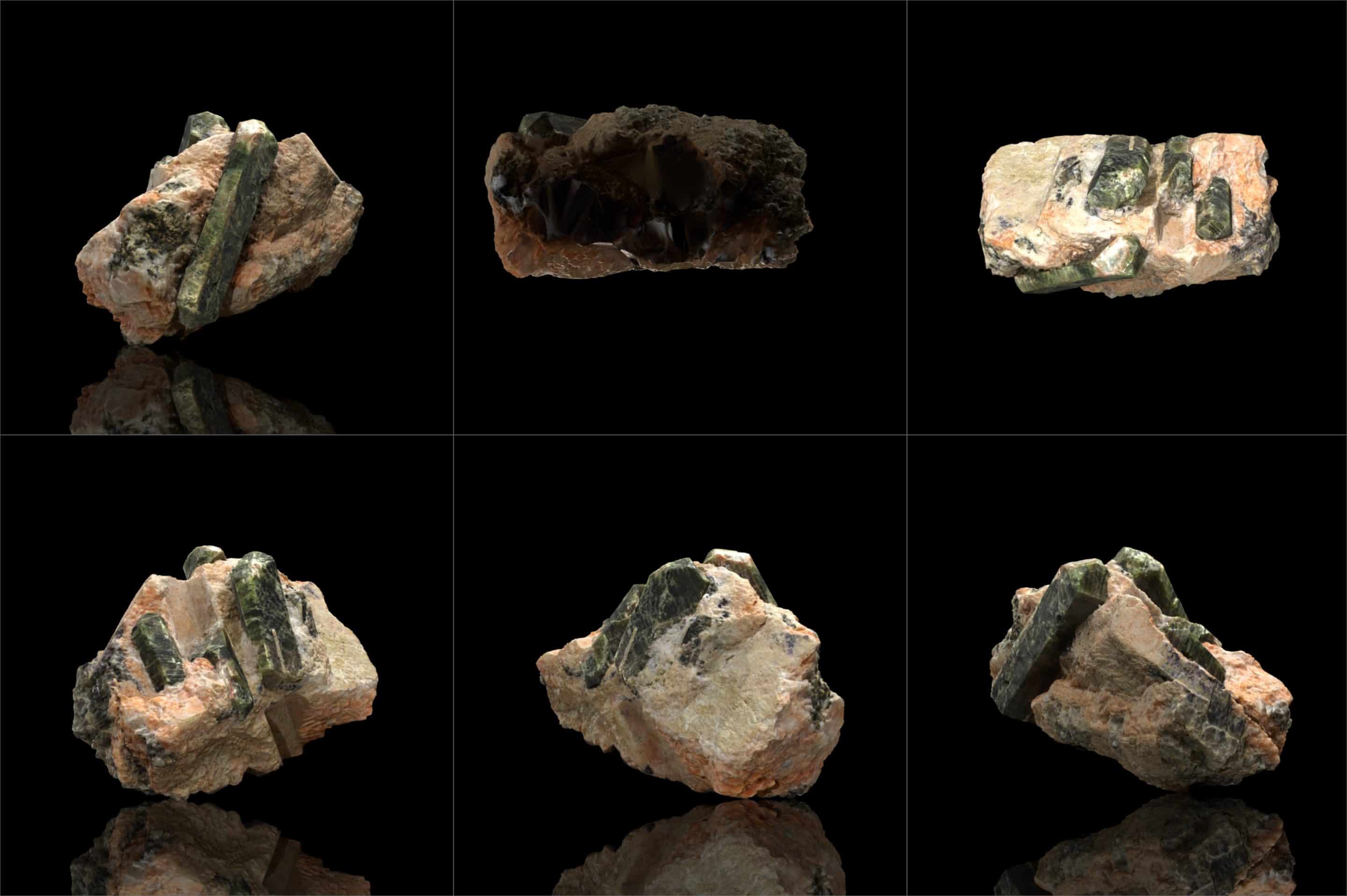 Six vues du spécimen d'apatite de 19 cm provenant du Québec, Canada : face, dos, profil gauche, profil droit, dessus et dessous, montrant des prismes hexagonaux vert jaune translucides aux faces striées longitudinalement