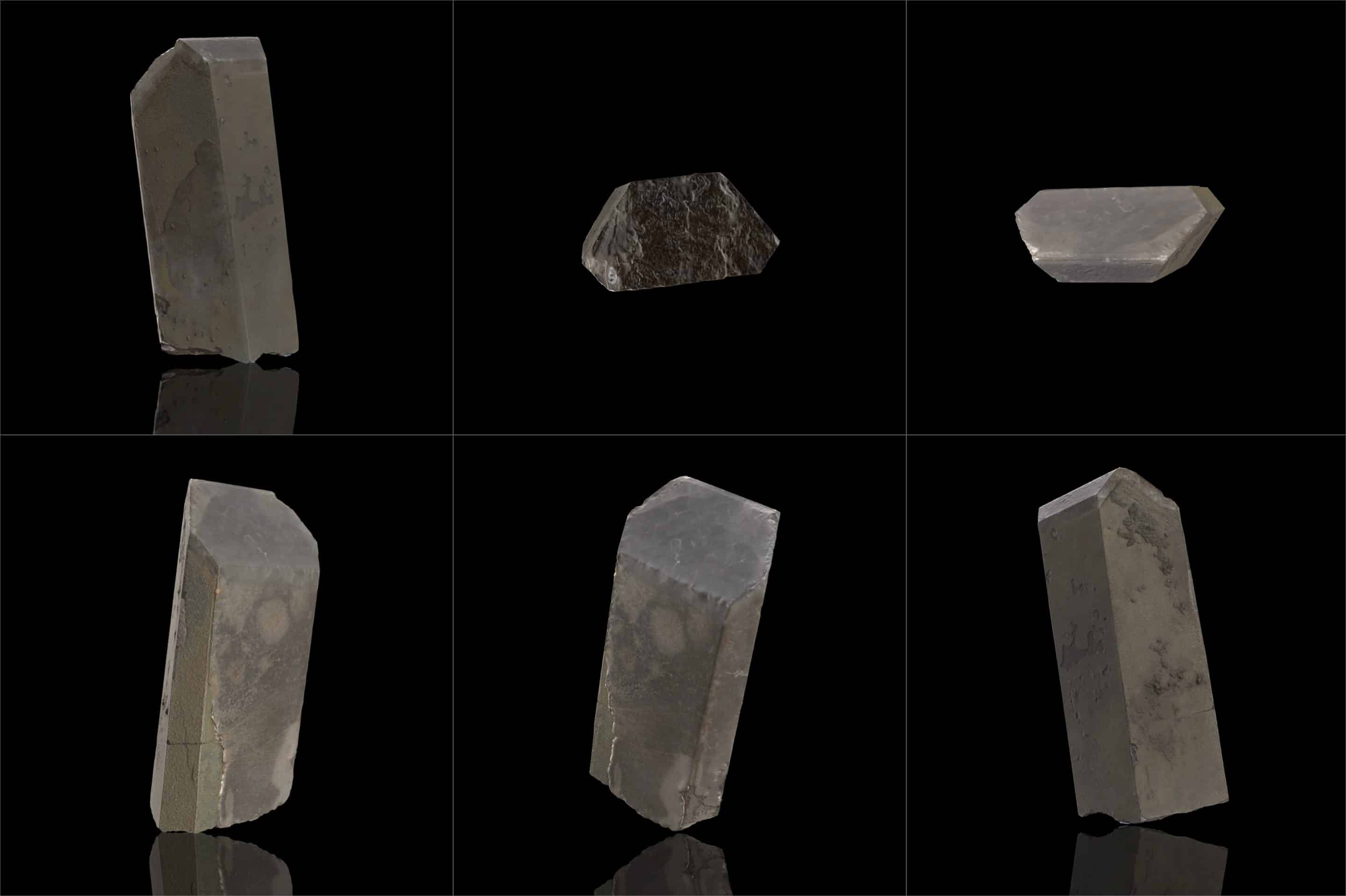 Six vues du spécimen de barite de 17,5 cm provenant de Saint-Honoré, Québec, Canada : face, dos, profil gauche, profil droit, dessus et dessous, montrant des cristaux tabulaires blancs très denses aux arêtes nettes et aux reflets légèrement bleutés