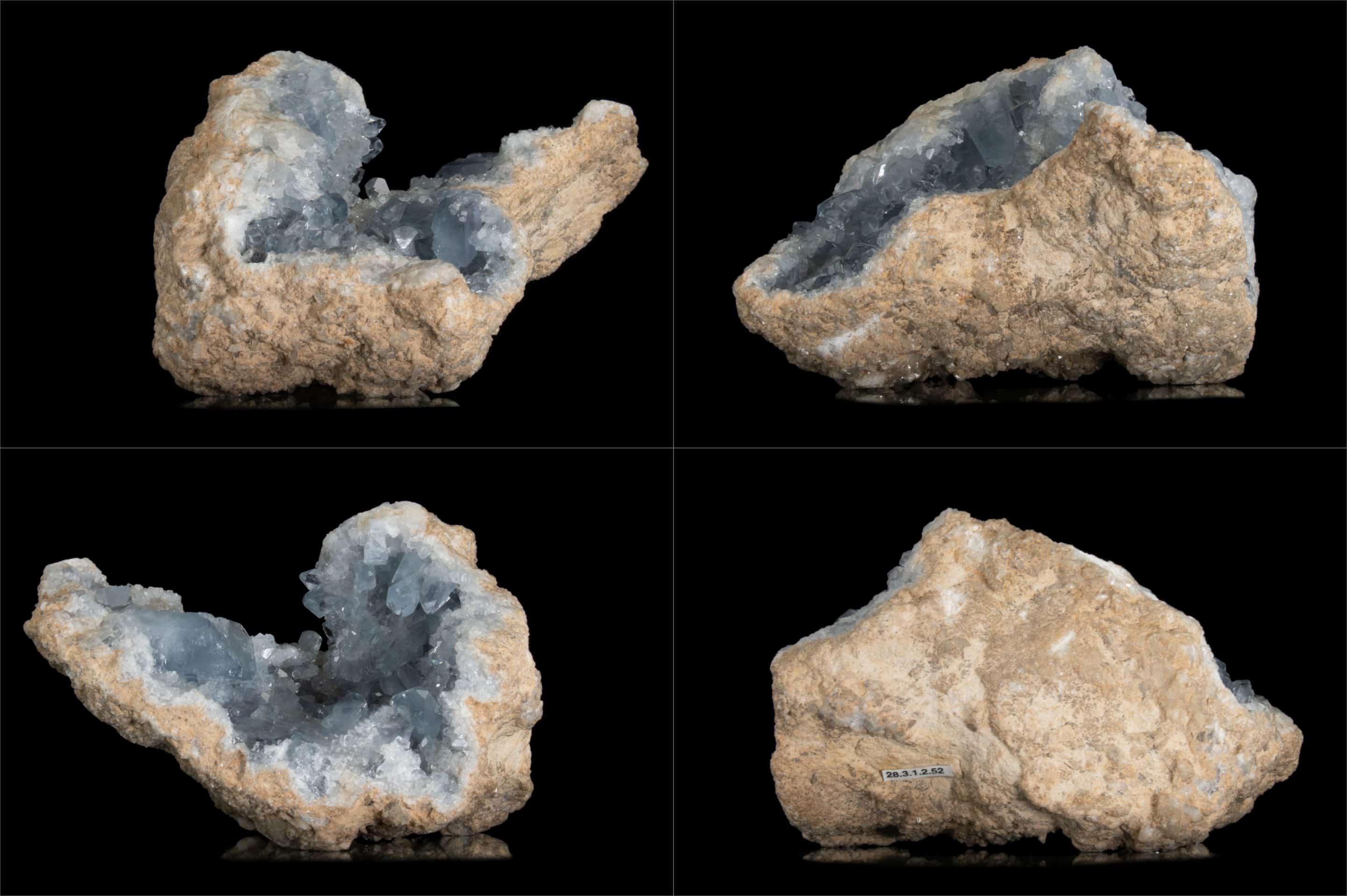 Quatre vues de la géode de célestine de 17 cm provenant de Madagascar : face, profil gauche, profil droit et dos, montrant une cavité tapissée de cristaux prismatiques bleu ciel pâle translucides aux pointes bien définies
