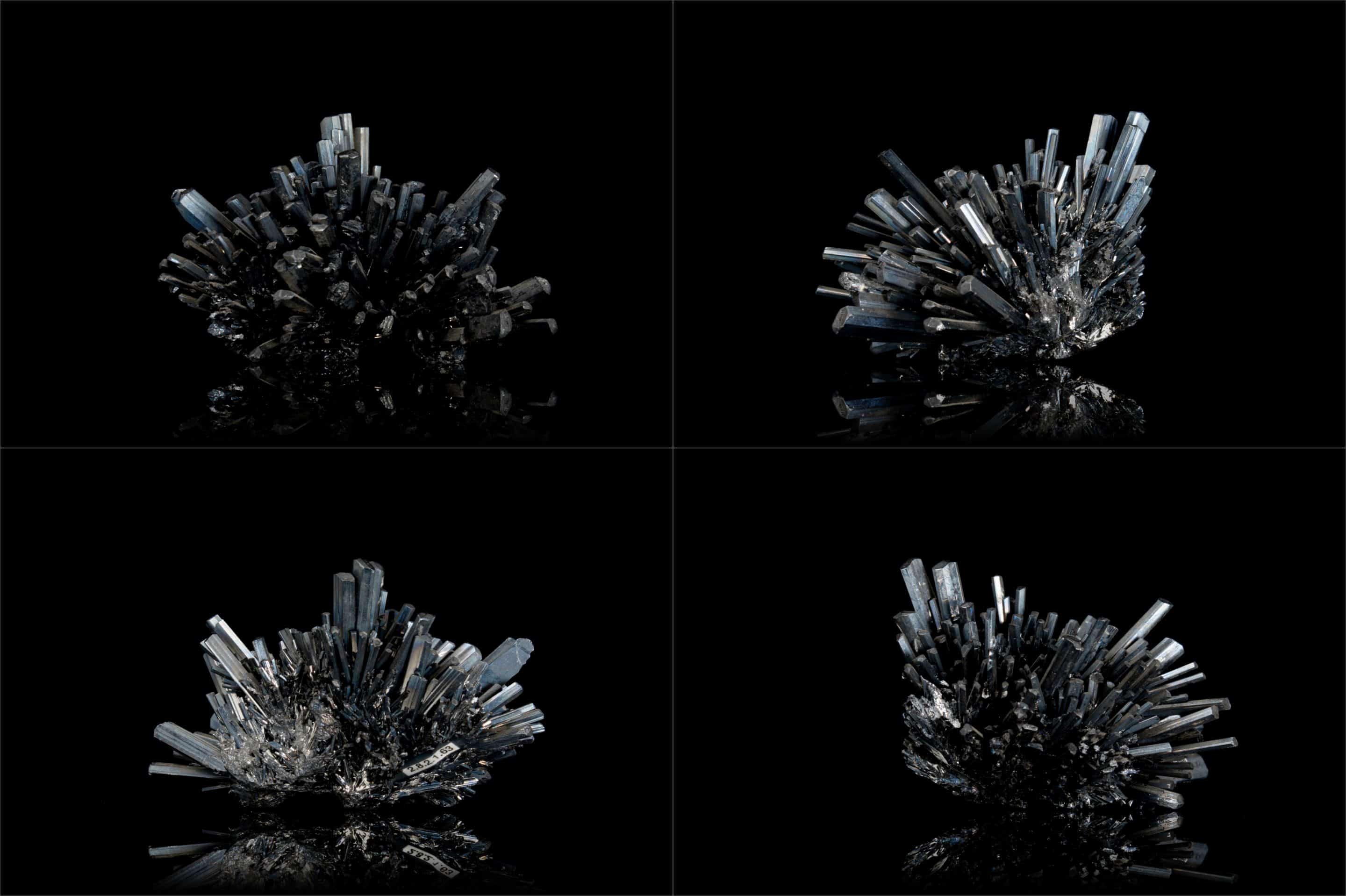 Quatre vues du spécimen de stibnite de 9 cm provenant de Cavnic, Roumanie : face, profil gauche, profil droit et dos, montrant des cristaux gris métallique très allongés et striés disposés en gerbe