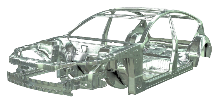Structure métallique d’une carrosserie de voiture (châssis) en rendu 3D sur fond blanc