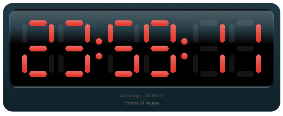 Horloge indiquant 23 heures 59 et 11 secondes