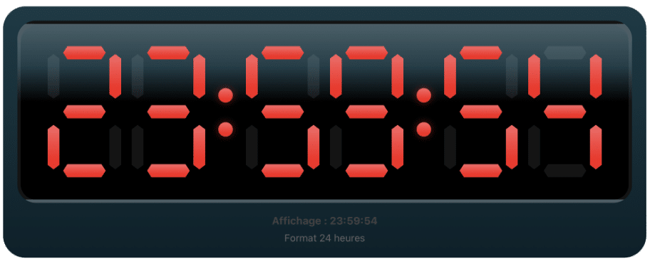 Horloge indiquant 23 heures 59 et 54 secondes