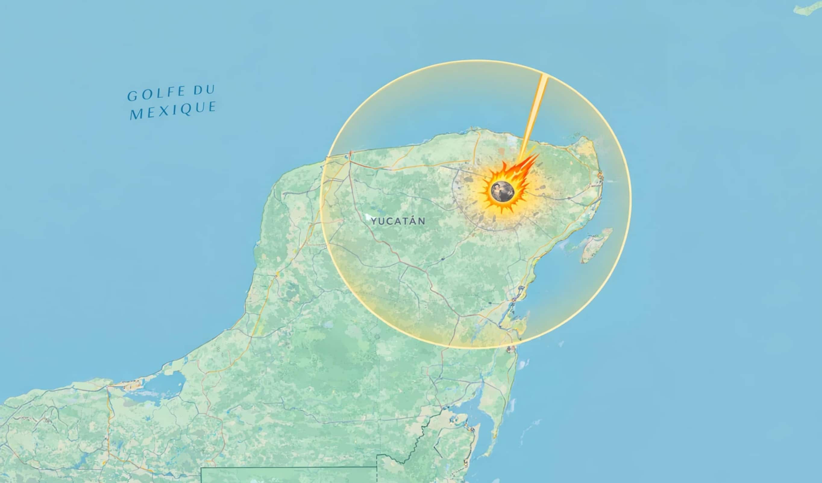 Carte illustrant l’impact d’une météorite dans la région de Chicxulub, au nord de la péninsule du Yucatán,<br />il y a environ 66 millions d’années. Cet événement est lié à une extinction massive des espèces, dont les dinosaures.