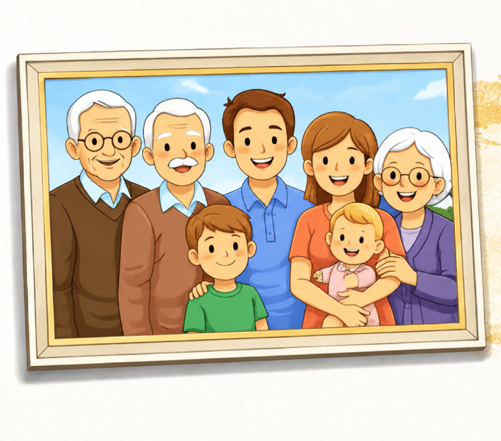 Illustration d'un tableau encadré représentant une famille de quatre générations : grands-parents, parents, enfants et nourrisson