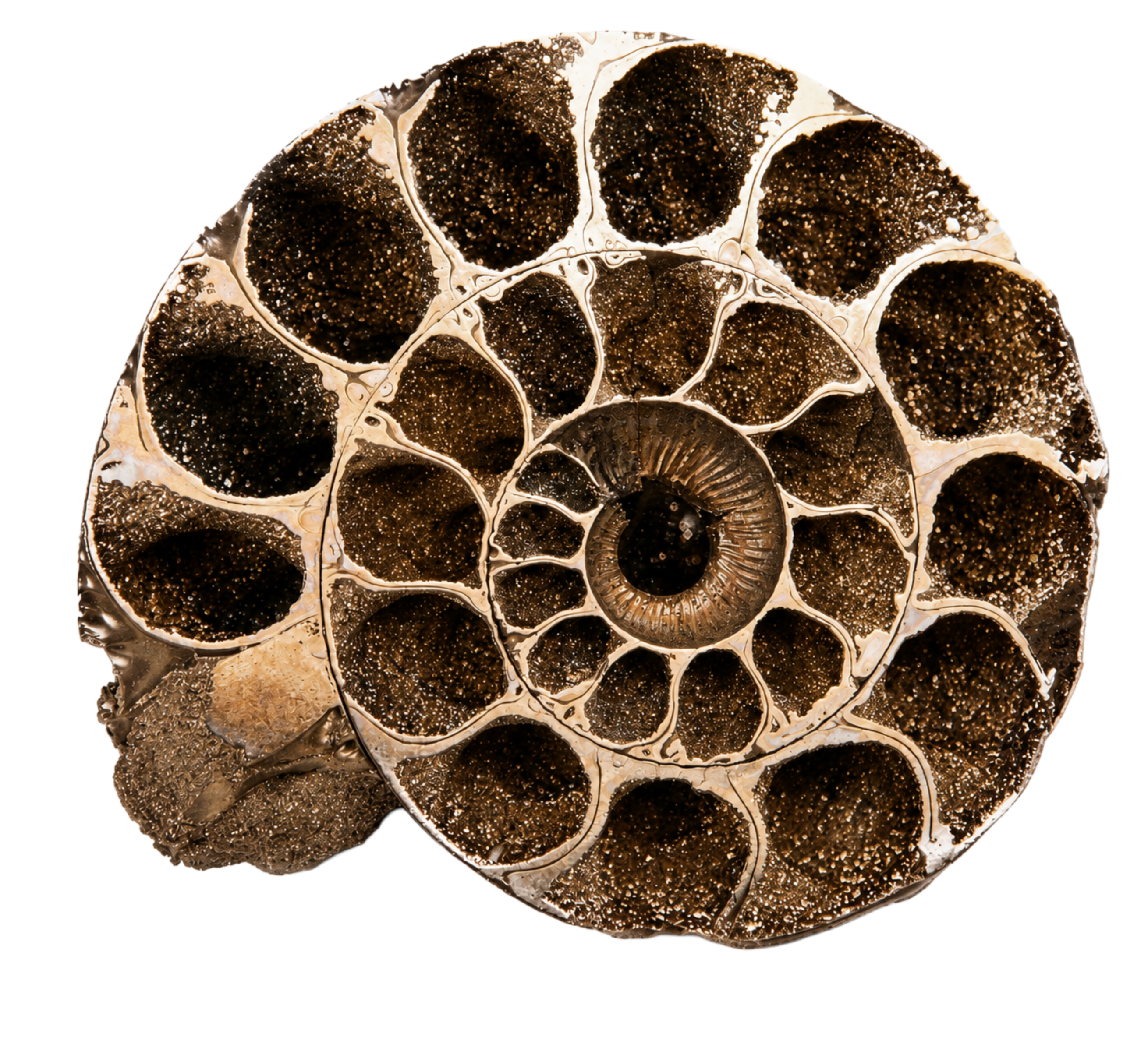 Coupe transversale d'une coquille d'ammonite fossilisée, révélant ses chambres en spirale tapissées de cristaux dorés