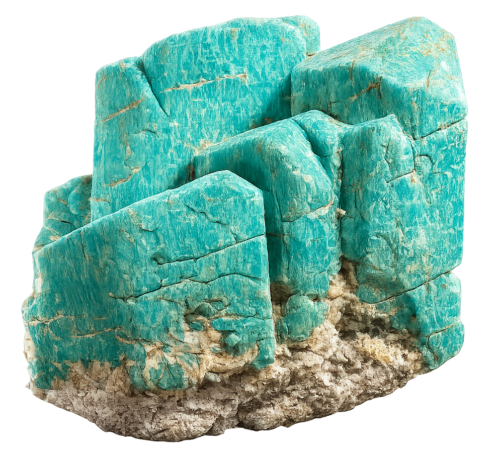 Cristal d'amazonite turquoise aux faces anguleuses, posé sur sa roche-mère beige