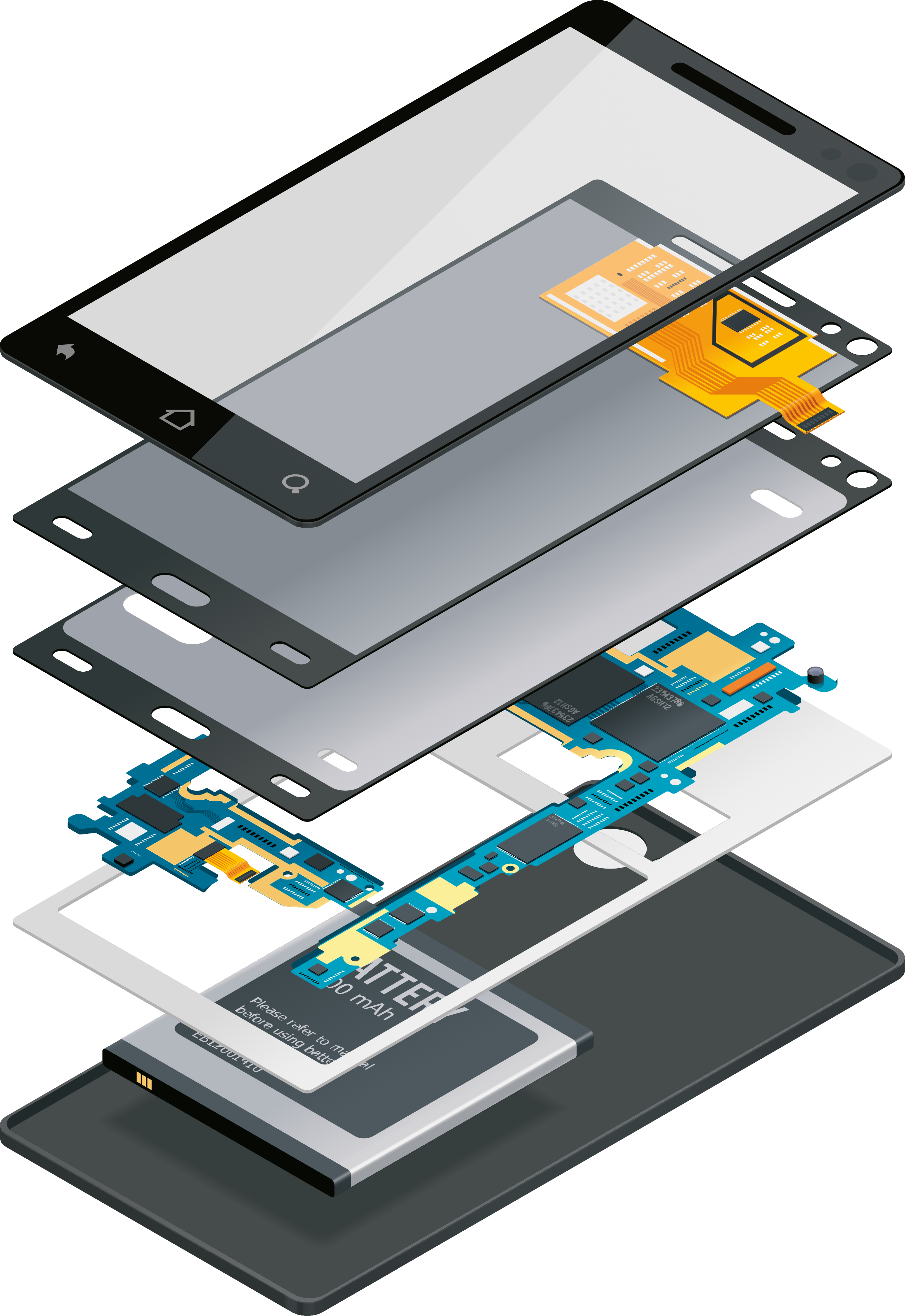 Vue éclatée illustrant les couches superposées d'un téléphone intelligent : écran, batterie et circuits électroniques
