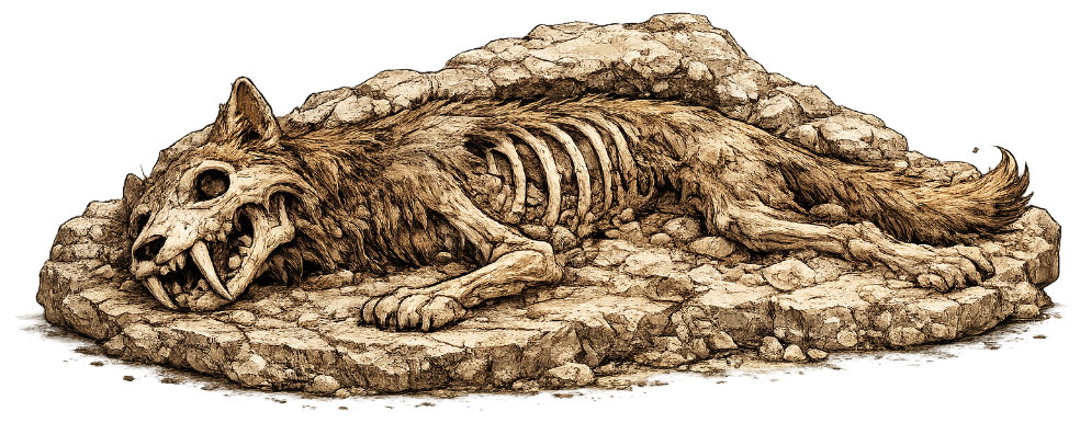 Illustration d'un animal entièrement fossilisé, dont le squelette et la silhouette sont désormais préservés dans la roche, les os et les tissus ayant été minéralisés et intégrés à la matrice rocheuse au fil du temps
