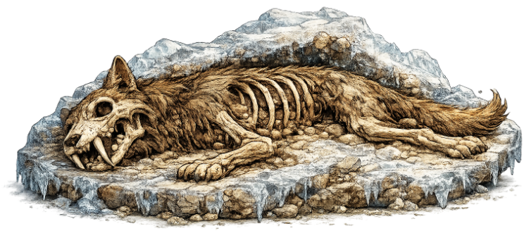 Illustration d'un animal fossilisé et préservé dans la glace, dont le squelette et la fourrure sont conservés intacts, entouré et recouvert de glace et de sédiments gelés qui ont figé le corps au fil du temps