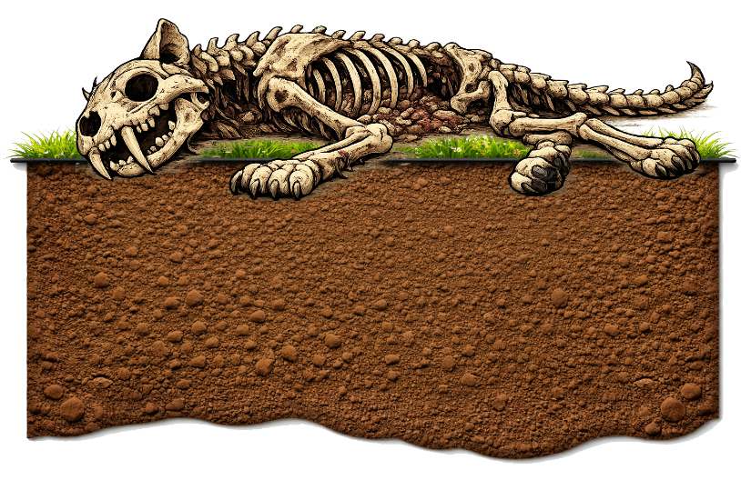 Illustration du squelette complet d'un animal reposant à la surface du sol après la décomposition, les parties molles ayant été entièrement enlevées par oxydation, ne laissant que les os articulés
