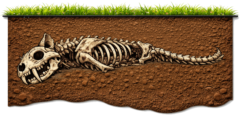 Illustration du squelette d'un animal enseveli sous une couche de sédiments, désormais enfoui sous la surface du sol, permettant la conservation d'une trace des parties dures ou des parties dures elles-mêmes